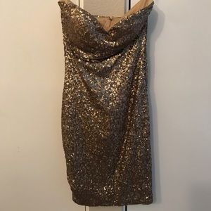 Gold sequenced strapless mini dress